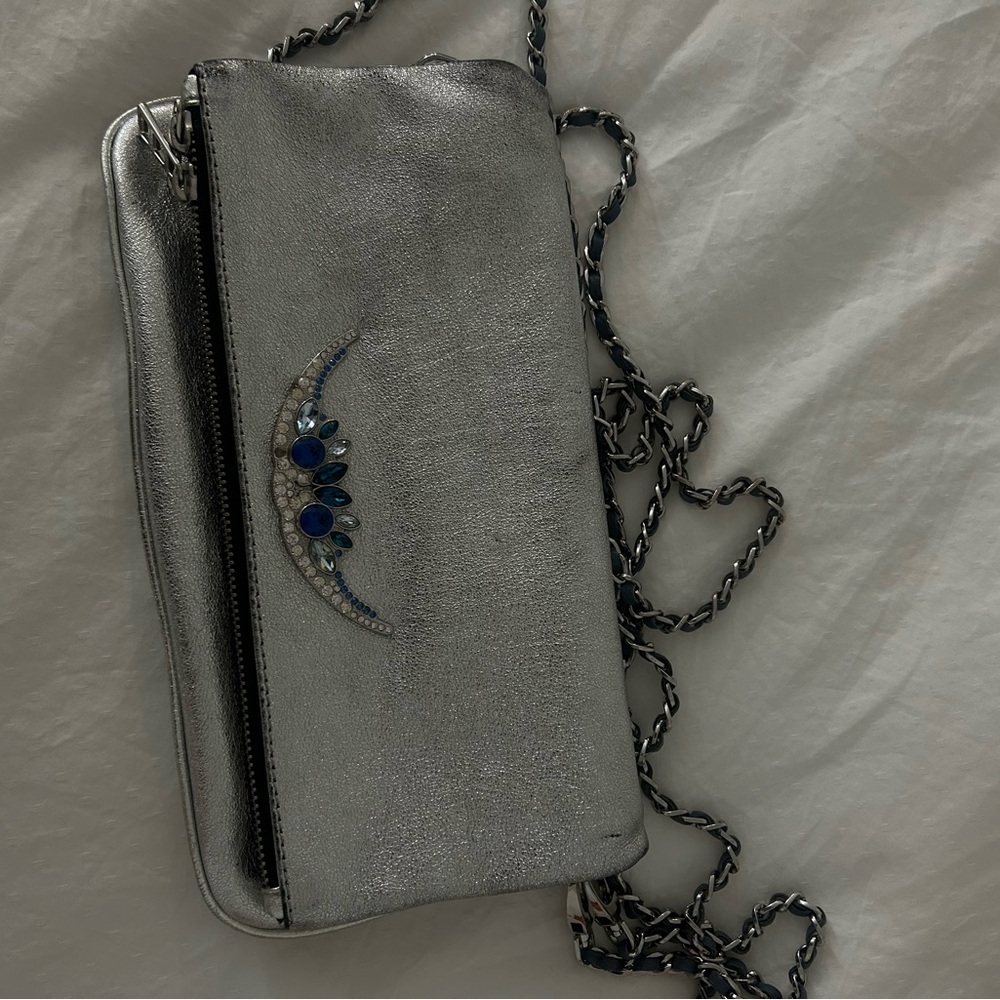 Zadig & Voltaire Silver Clutch with Blue Embellishments